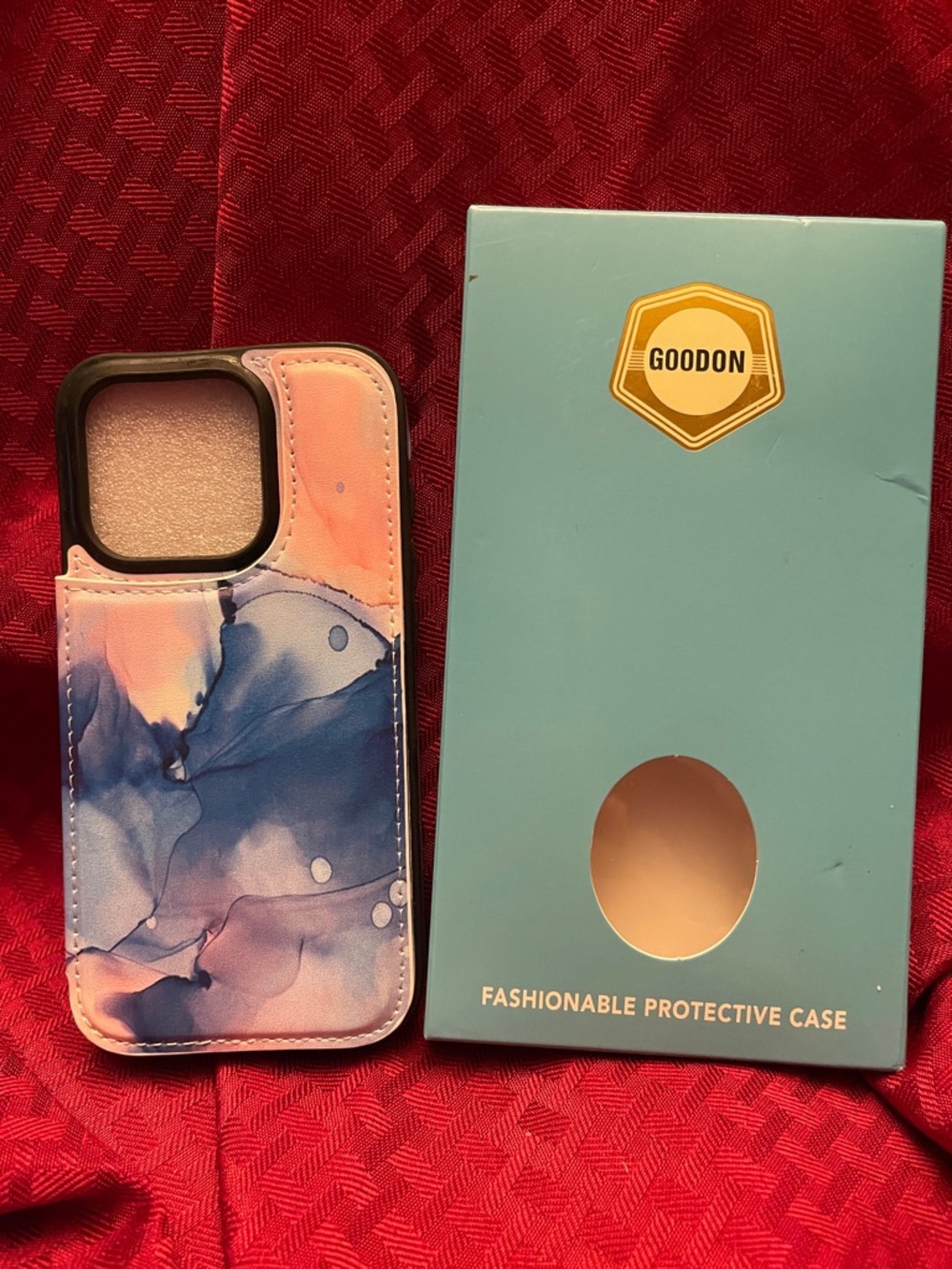 GoodOn Pink & Blue Marble Phone Case with Wallet Slot for iPhone 15 Pro.